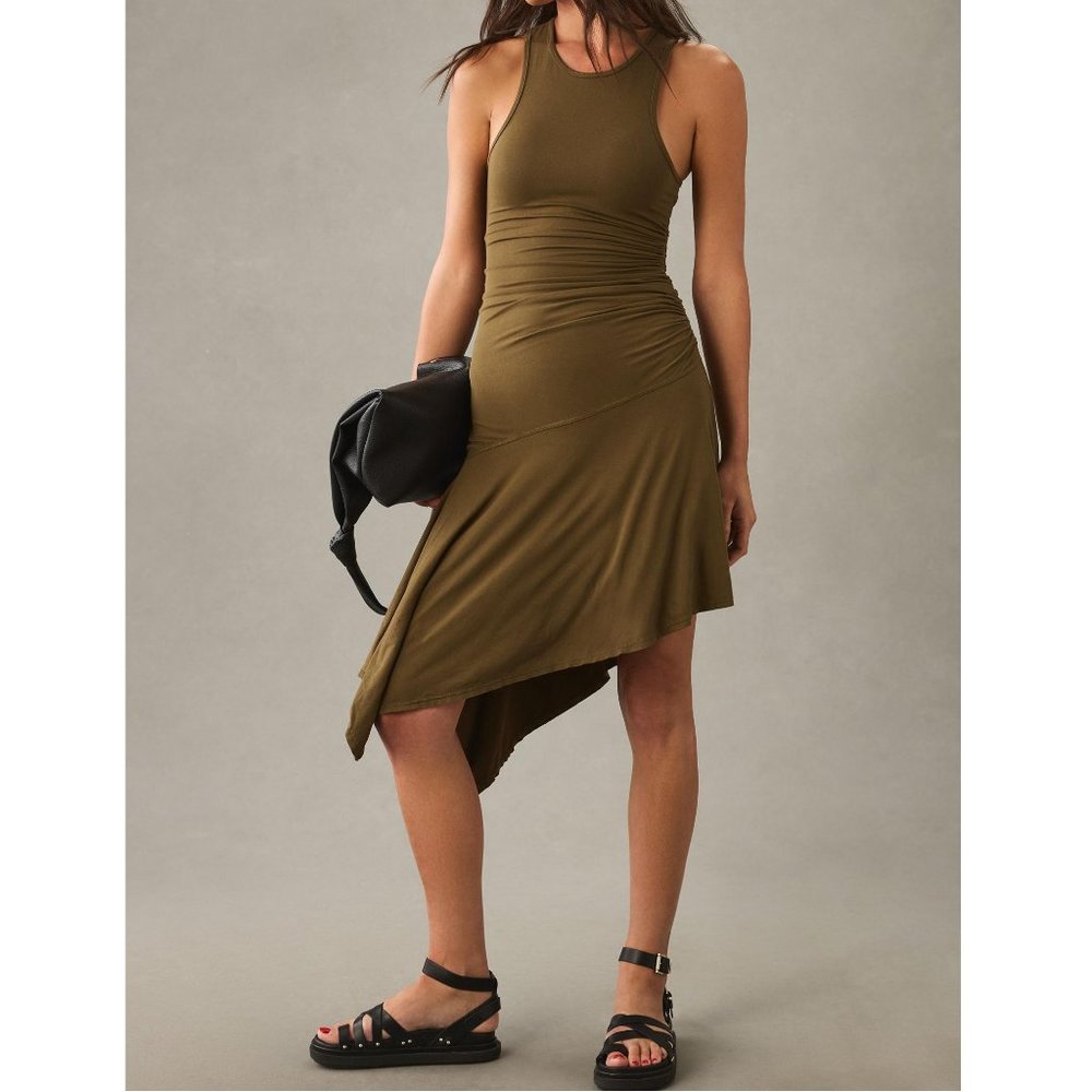 Anthropologie Daily Practice Sleeveless Side-Ruched Dress Olive Drab Green S